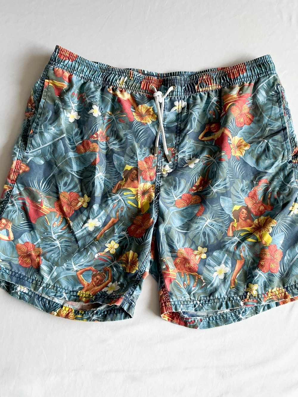 Alvins Island Mens Swim Trunks Hawaiian Hula Pinup Girl Tropical Floral Size XL